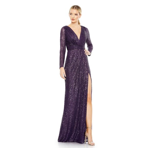 NWT Mac Duggal Sequined Long Sleeve Gown Purple 6 - Picture 1 of 8